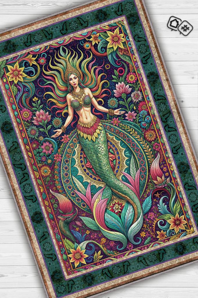 Art Deco Deniz Kızı Temalı Renkli Anime Halı Dekoratif Anime Halı Çiçekli Anime Sever Halı