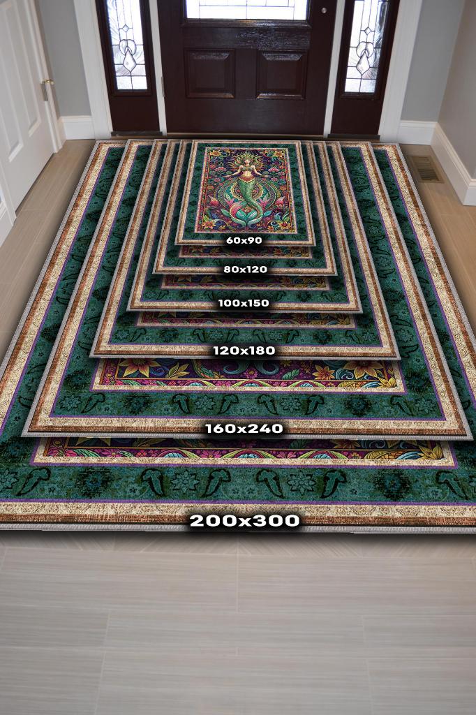 Art Deco Deniz Kızı Temalı Renkli Anime Halı Dekoratif Anime Halı Çiçekli Anime Sever Halı