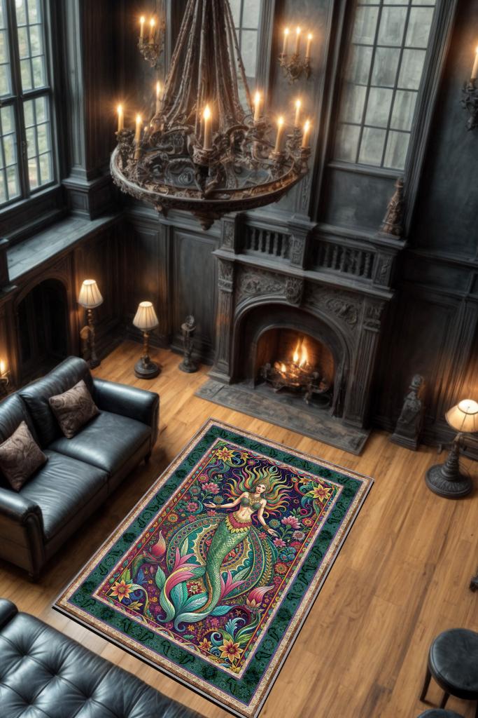 Art Deco Deniz Kızı Temalı Renkli Anime Halı Dekoratif Anime Halı Çiçekli Anime Sever Halı