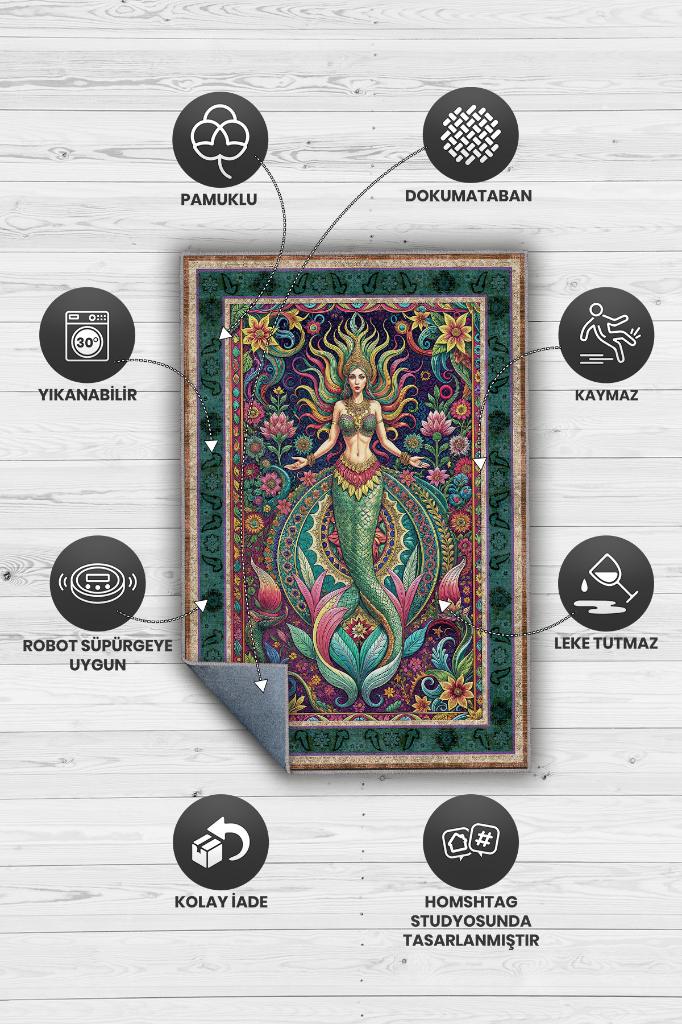Art Deco Deniz Kızı Temalı Renkli Anime Halı Dekoratif Anime Halı Çiçekli Anime Sever Halı