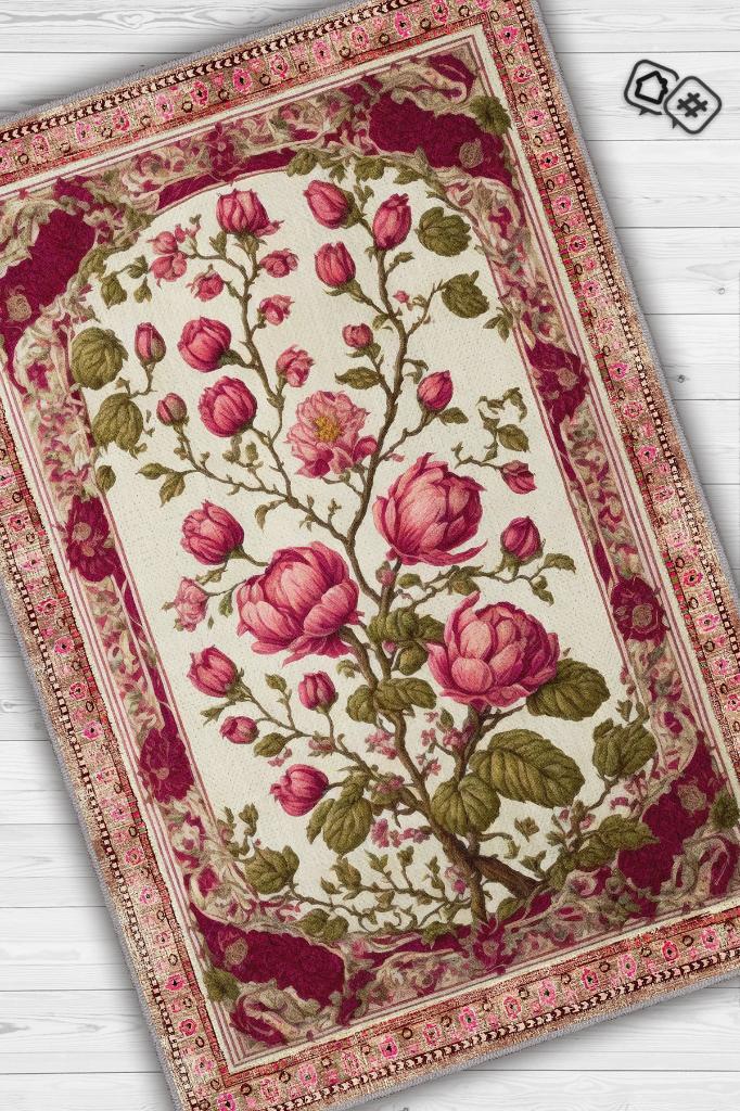 Art Deco Erguvan Çiçeği Vintage Halı Görünümlü Dijital Baskı Pembe Halı,Rustik Çiçekli Halı