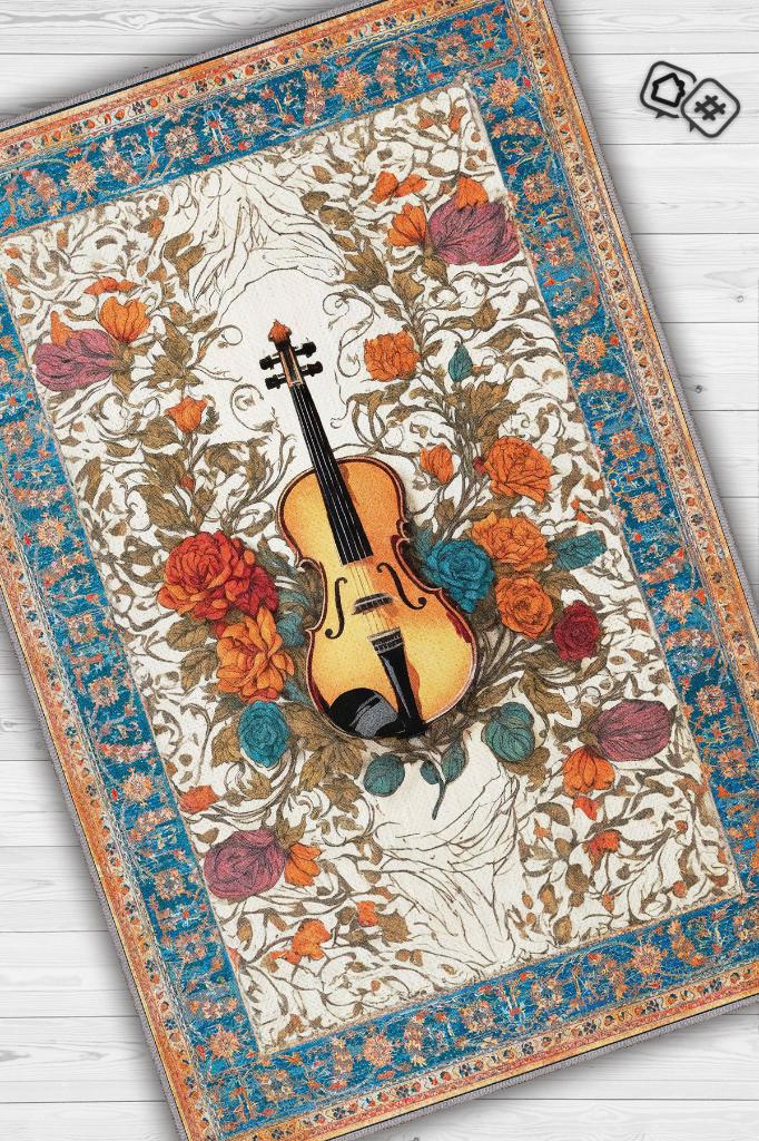 Art Deco Keman Halısı,Çiçekli Müzik Halısı,Moden Yorumlu Vintage Salon Halısı,Müzik Sınıfı Dekor Halısı