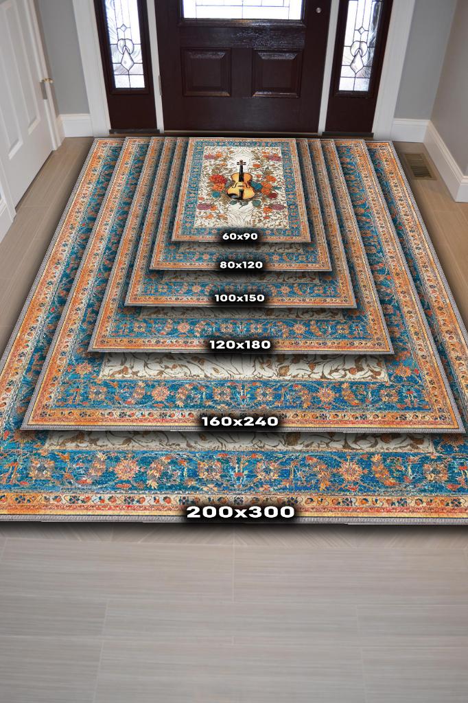 Art Deco Keman Halısı,Çiçekli Müzik Halısı,Moden Yorumlu Vintage Salon Halısı,Müzik Sınıfı Dekor Halısı