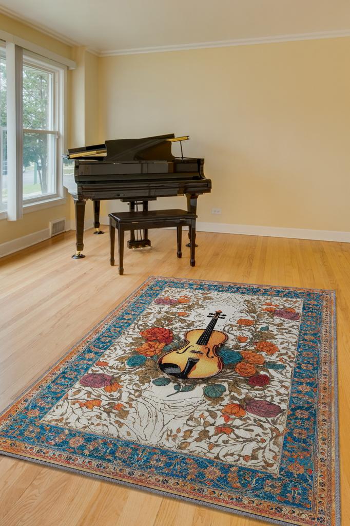 Art Deco Keman Halısı,Çiçekli Müzik Halısı,Moden Yorumlu Vintage Salon Halısı,Müzik Sınıfı Dekor Halısı