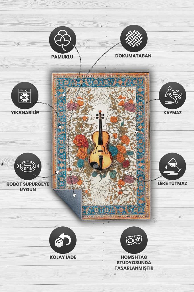 Art Deco Keman Halısı,Çiçekli Müzik Halısı,Moden Yorumlu Vintage Salon Halısı,Müzik Sınıfı Dekor Halısı