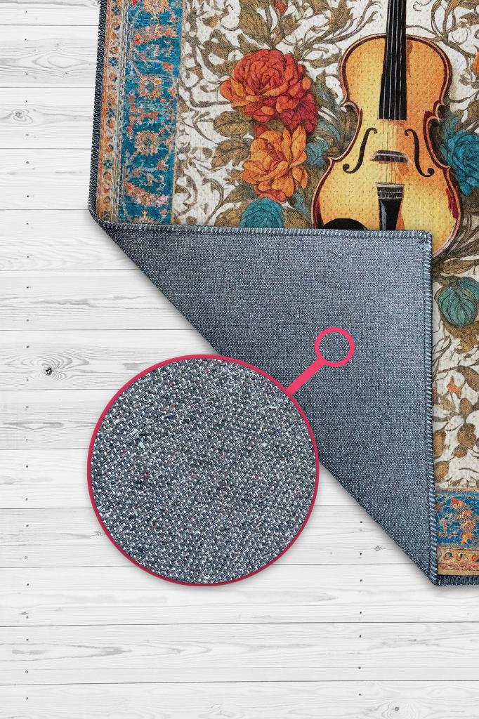 Art Deco Keman Halısı,Çiçekli Müzik Halısı,Moden Yorumlu Vintage Salon Halısı,Müzik Sınıfı Dekor Halısı