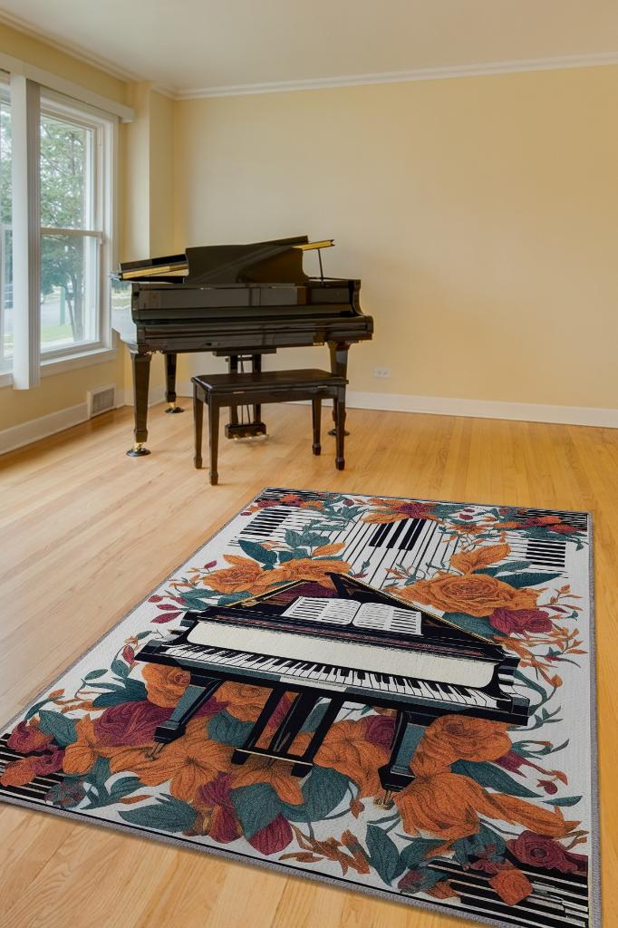 Art Deco Piyano Halısı,Piyano Önü Halısı Çiçekli Müzik Halısı,Çocuklara Piyanoyu Sevdiren Halı,Sanat Halısı