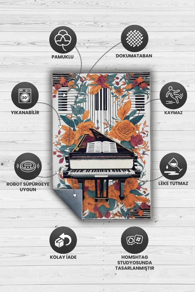 Art Deco Piyano Halısı,Piyano Önü Halısı Çiçekli Müzik Halısı,Çocuklara Piyanoyu Sevdiren Halı,Sanat Halısı