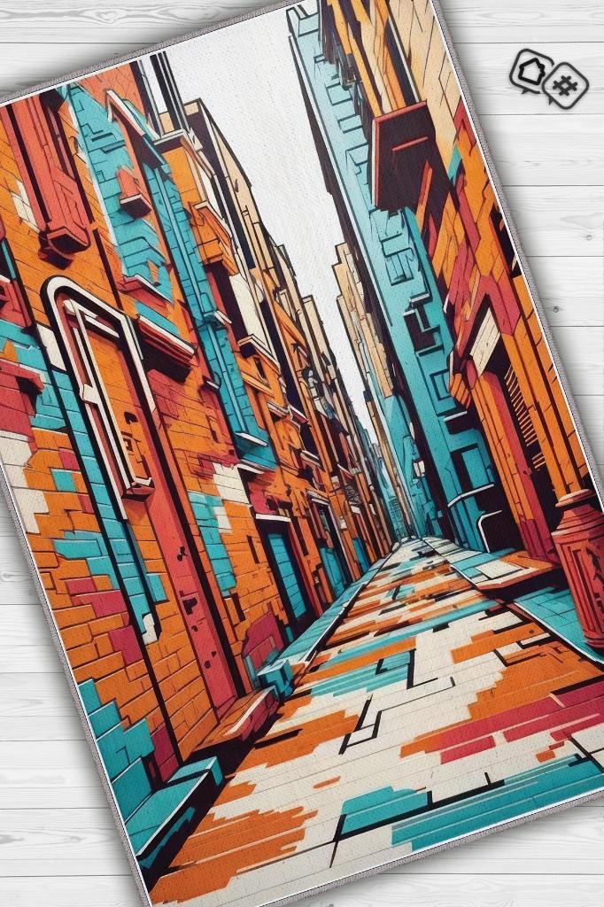 Art Deco Sokak,Mavi Turuncu Beyaz Dekoratif Halı,Sokak Sanatı Temalı Graffiti Halısı,Renkli Genç Odası Halısı