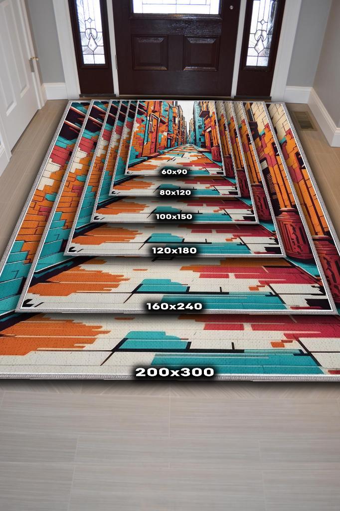 Art Deco Sokak,Mavi Turuncu Beyaz Dekoratif Halı,Sokak Sanatı Temalı Graffiti Halısı,Renkli Genç Odası Halısı
