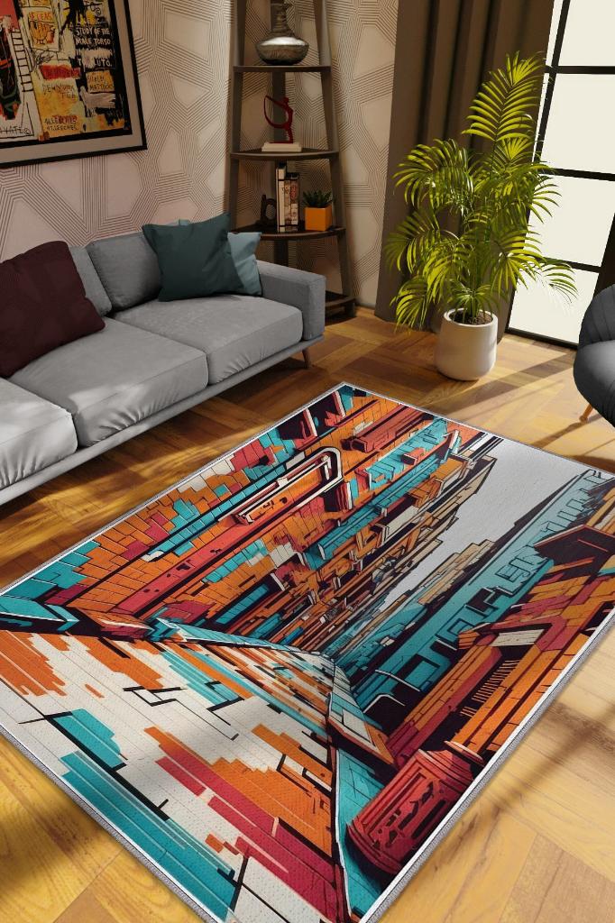 Art Deco Sokak,Mavi Turuncu Beyaz Dekoratif Halı,Sokak Sanatı Temalı Graffiti Halısı,Renkli Genç Odası Halısı