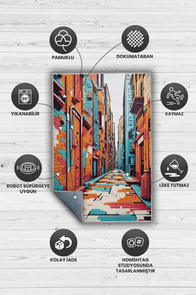 Art Deco Sokak,Mavi Turuncu Beyaz Dekoratif Halı,Sokak Sanatı Temalı Graffiti Halısı,Renkli Genç Odası Halısı
