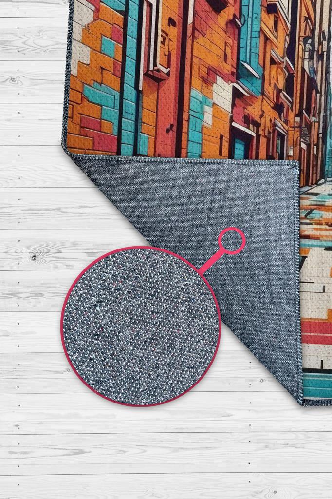 Art Deco Sokak,Mavi Turuncu Beyaz Dekoratif Halı,Sokak Sanatı Temalı Graffiti Halısı,Renkli Genç Odası Halısı