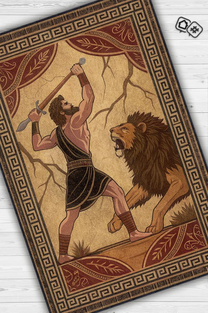 Art Deko Çok Renkli Herkül Temalı Sıcak Renkli Halı Herkül Desenli Halı Modern Halı