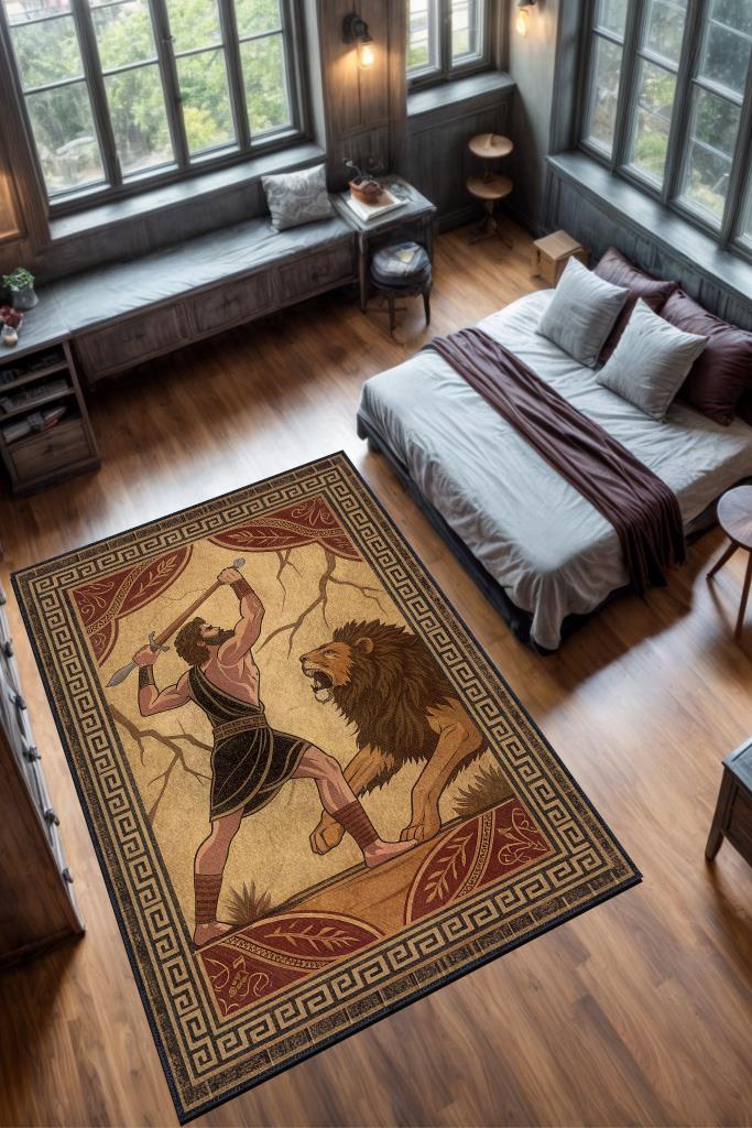 Art Deko Çok Renkli Herkül Temalı Sıcak Renkli Halı Herkül Desenli Halı Modern Halı