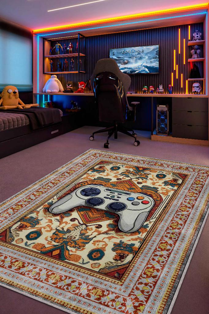 Art Deko Gamer Halısı,Çok Renkli Gamer Halısı,Gamepad Figürlü Joystick Desenli Geleneksel Modern Oyuncu Halısı