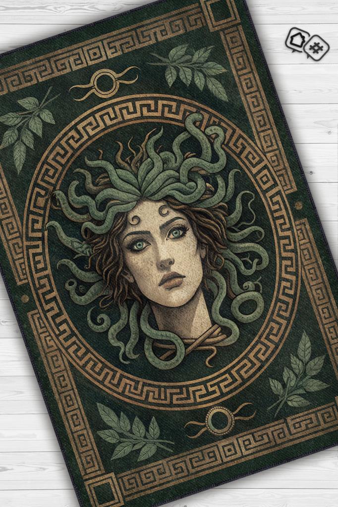 Art Deko Renkli Medusa Temalı Yeşil Renkli Halı Medusa Desenli Halı Modern Halı