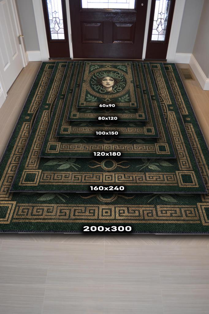 Art Deko Renkli Medusa Temalı Yeşil Renkli Halı Medusa Desenli Halı Modern Halı