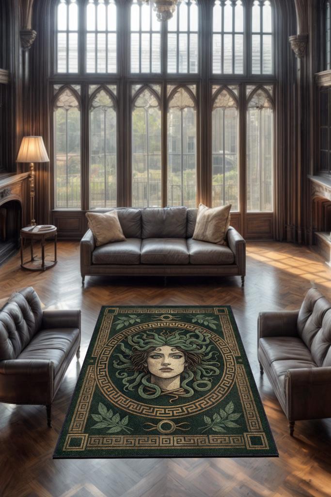 Art Deko Renkli Medusa Temalı Yeşil Renkli Halı Medusa Desenli Halı Modern Halı