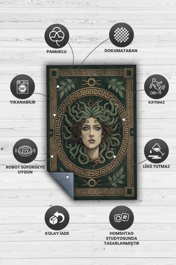 Art Deko Renkli Medusa Temalı Yeşil Renkli Halı Medusa Desenli Halı Modern Halı