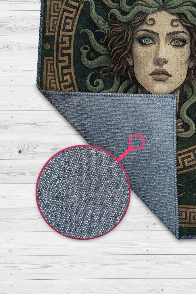 Art Deko Renkli Medusa Temalı Yeşil Renkli Halı Medusa Desenli Halı Modern Halı