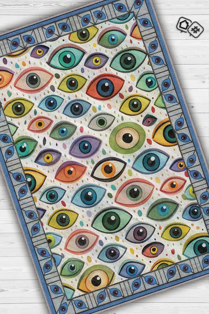 Art Deko Renkli Nazar Boncuğu Temalı Renkli Halı Nazar Boncuğu Desenli Halı Modern Halı