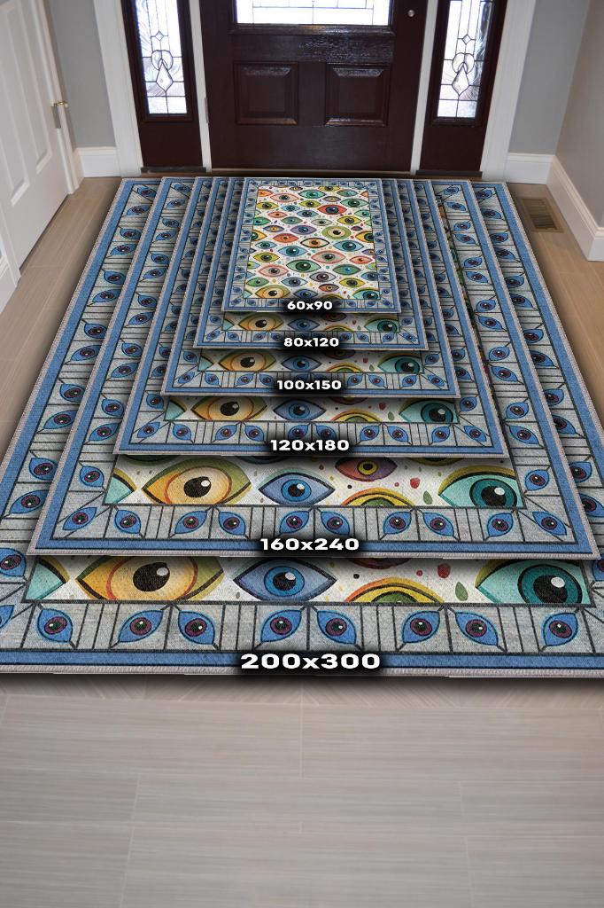 Art Deko Renkli Nazar Boncuğu Temalı Renkli Halı Nazar Boncuğu Desenli Halı Modern Halı