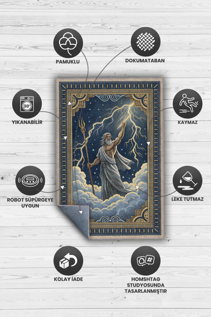Art Deko Renkli Zeus Temalı Mavi Renkli Halı Zeus Desenli Halı Modern Dijital Baskılı Halı