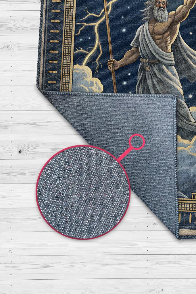 Art Deko Renkli Zeus Temalı Mavi Renkli Halı Zeus Desenli Halı Modern Dijital Baskılı Halı