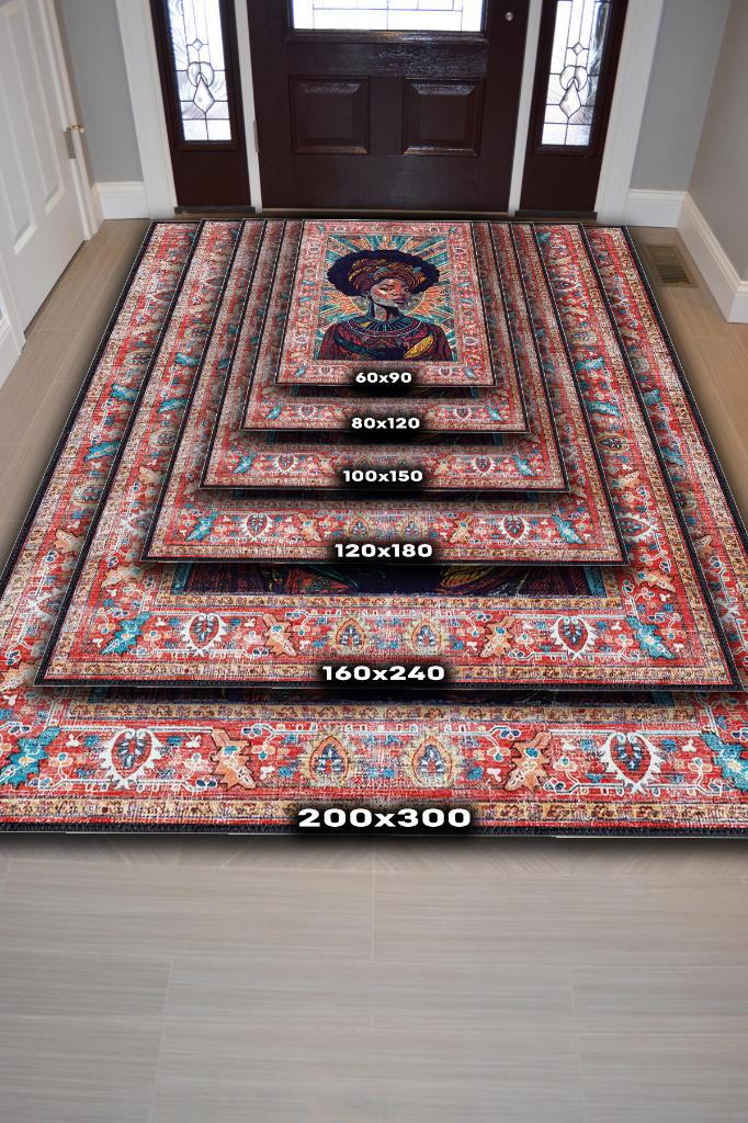 Art Deko Vintage Afrikalı Kadın,Renkli Dekoratif Etnik Halı,İnsan Figürlü Geleneksel Bordürlü Çok Renkli Halı