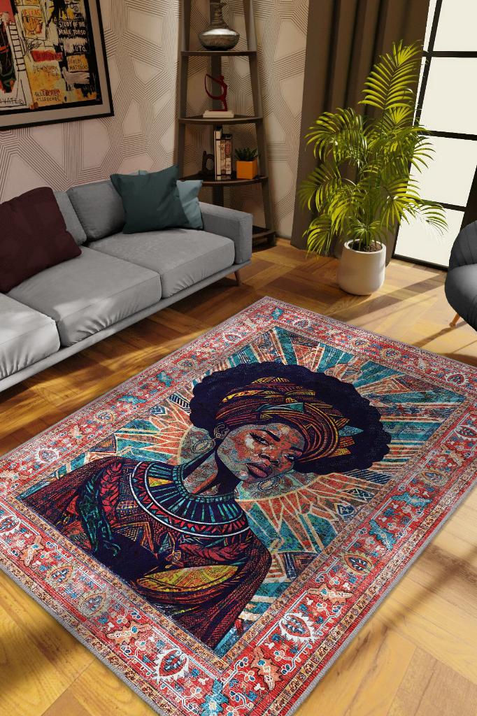 Art Deko Vintage Afrikalı Kadın,Renkli Dekoratif Etnik Halı,İnsan Figürlü Geleneksel Bordürlü Çok Renkli Halı