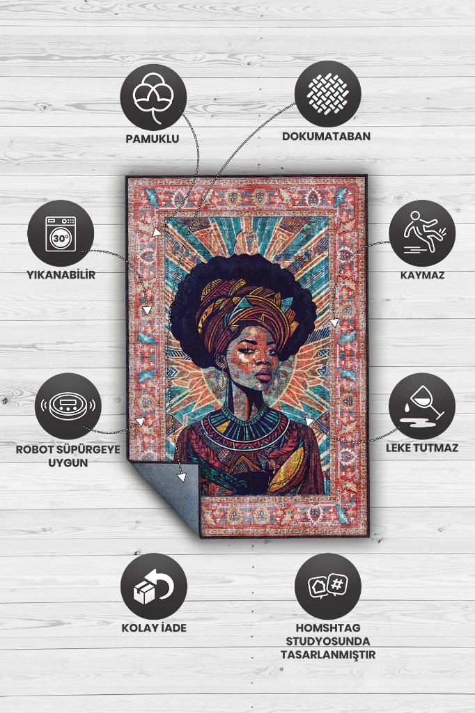 Art Deko Vintage Afrikalı Kadın,Renkli Dekoratif Etnik Halı,İnsan Figürlü Geleneksel Bordürlü Çok Renkli Halı