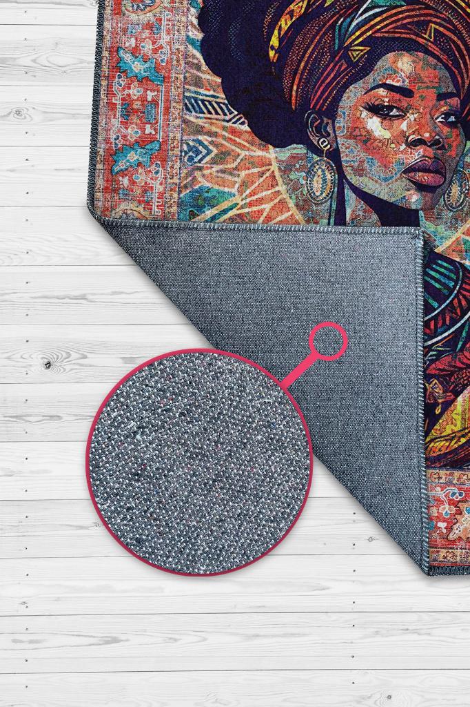 Art Deko Vintage Afrikalı Kadın,Renkli Dekoratif Etnik Halı,İnsan Figürlü Geleneksel Bordürlü Çok Renkli Halı