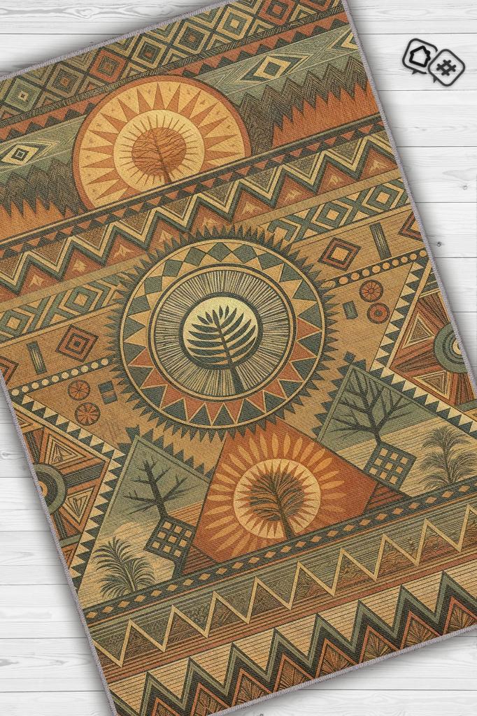 Art Deko Vintage Afrikalı Temalı Çok Renkli Etnik Halı Geometrik Desenli Afrika Halısı
