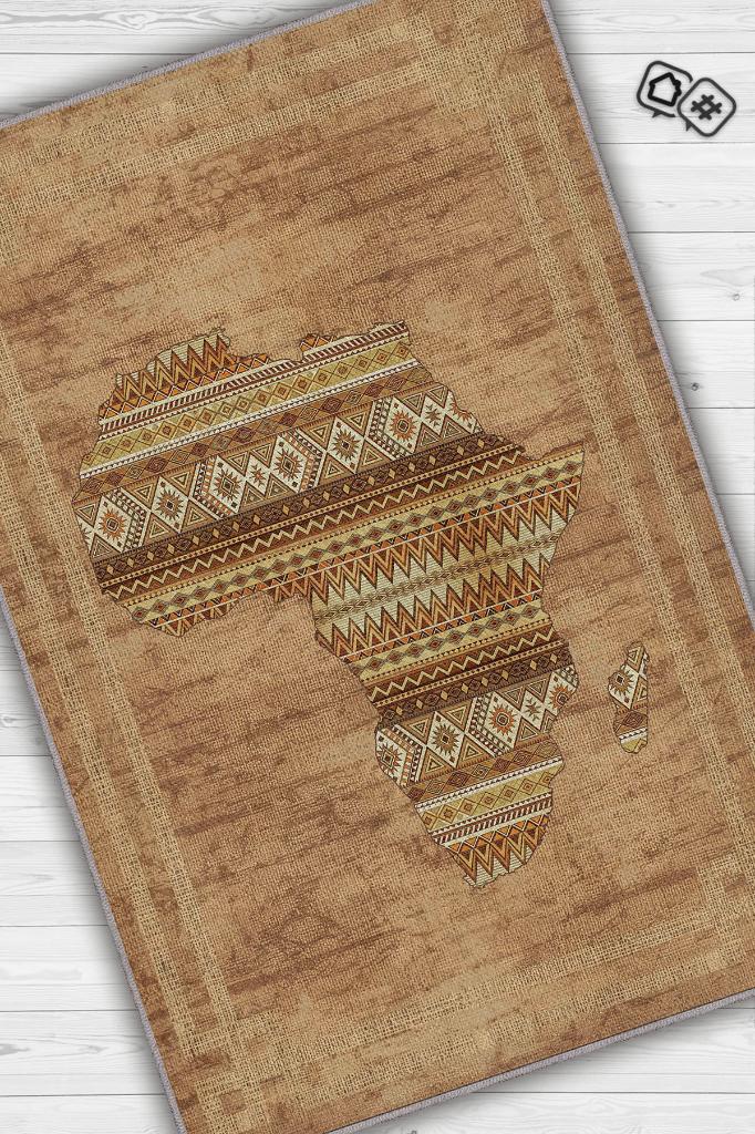 Art Deko Vintage Afrikalı Temalı Kahverengi Renk Etnik Halı Bordürlü Afrika Haritası Halısı
