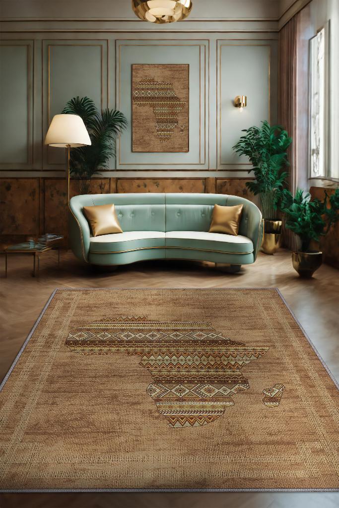 Art Deko Vintage Afrikalı Temalı Kahverengi Renk Etnik Halı Bordürlü Afrika Haritası Halısı