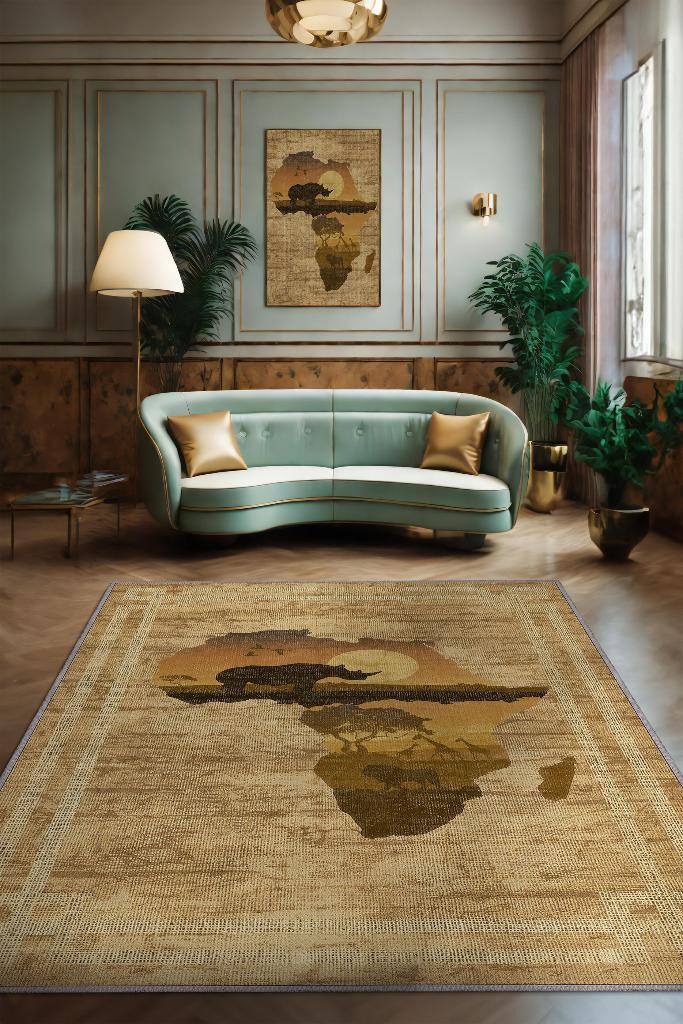 Art Deko Vintage Afrikalı Temalı Renkli Halı Etnik Afrika Haritası Desenli Halı Modern Halı