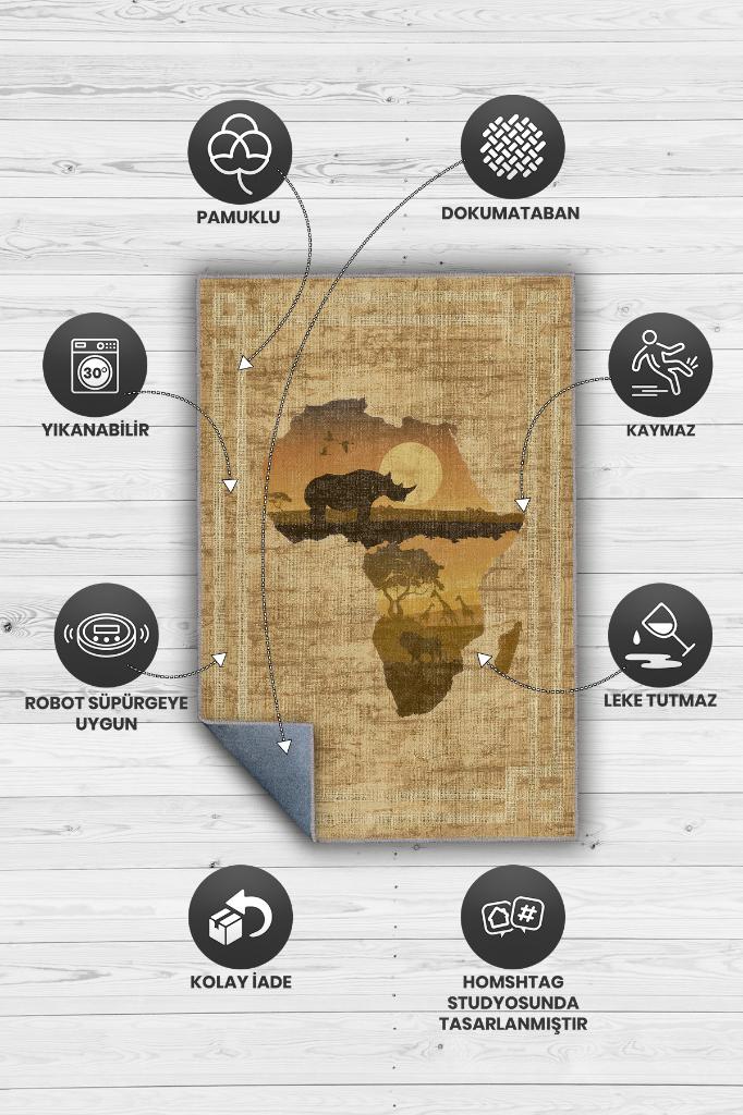 Art Deko Vintage Afrikalı Temalı Renkli Halı Etnik Afrika Haritası Desenli Halı Modern Halı