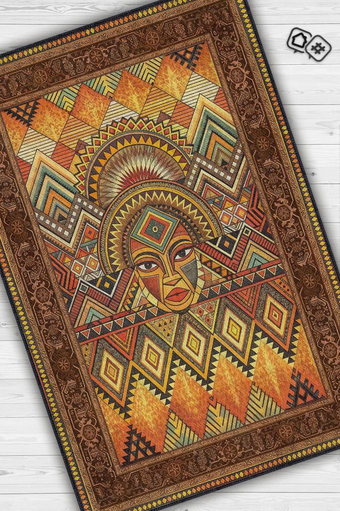 Art Deko Vintage Afrikalı Temalı Renkli Halı Etnik Afrikalı Kadın Geometrik Desenli Halı