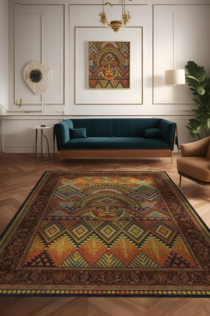 Art Deko Vintage Afrikalı Temalı Renkli Halı Etnik Afrikalı Kadın Geometrik Desenli Halı