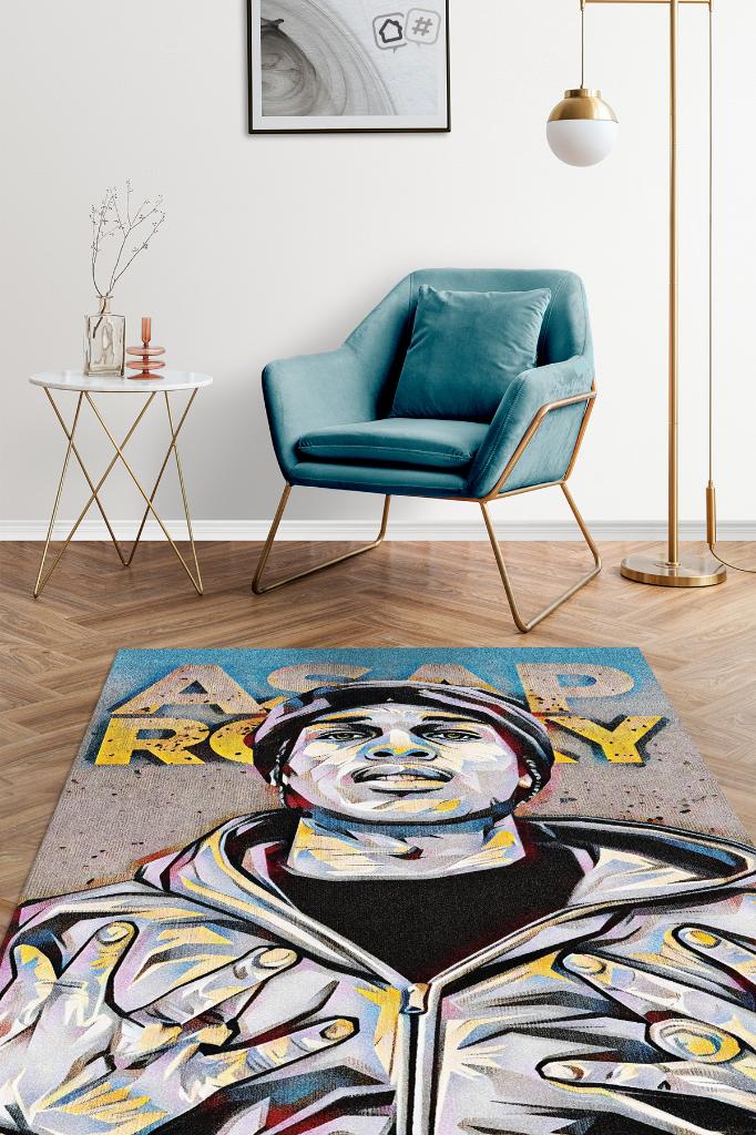 Asap Rocky Renkli Müzisyen Halı Müzsik Severe Hediyelik Halı Geometrik Figürlü Halı