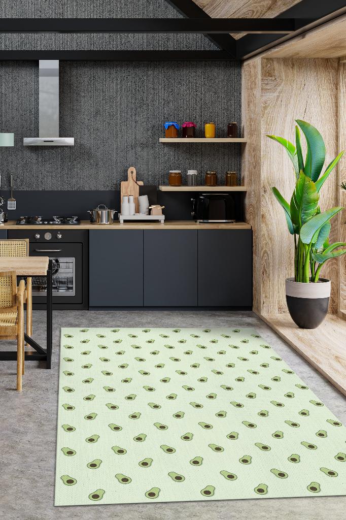 Avokado Desenli Yeşil Halı Minimal Salon Halısı Renkli Mutfak Halısı Tarz Oturma Odası Halı