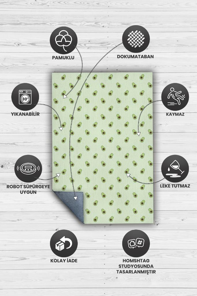 Avokado Desenli Yeşil Halı Minimal Salon Halısı Renkli Mutfak Halısı Tarz Oturma Odası Halı