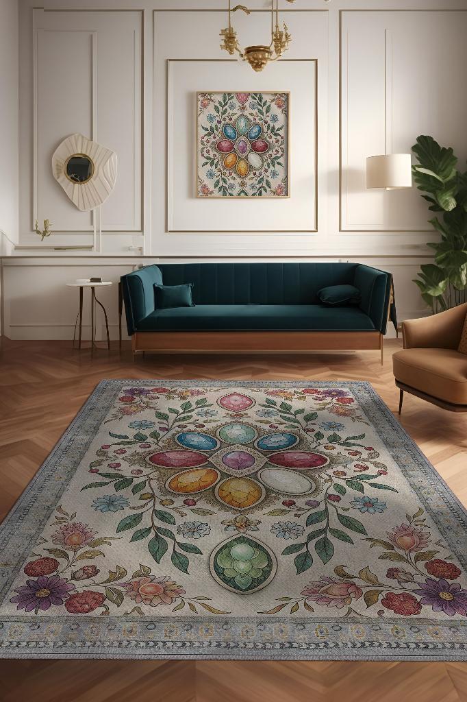 Ay Taşı Halısı Çok Renkli Enerji Taşı Figürlü Halı Spiritüel Temalı Modern Halı