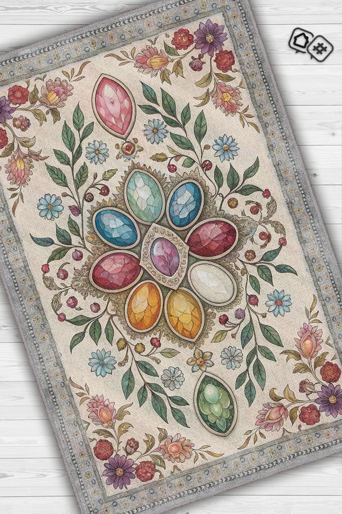 Ay Taşı Halısı Çok Renkli Enerji Taşı Figürlü Halı Spiritüel Temalı Modern Halı