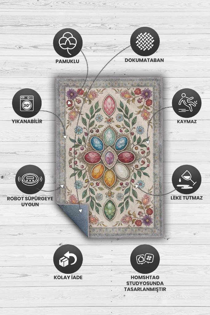 Ay Taşı Halısı Çok Renkli Enerji Taşı Figürlü Halı Spiritüel Temalı Modern Halı