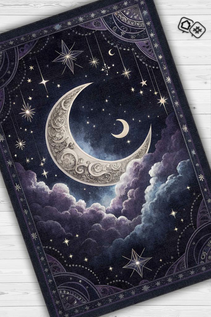 Ay ve Bulut Temalı Halı Siyah Renk Oturma Odası Halısı Ay Yıldız Figürlü Dijital Baskı Halı
