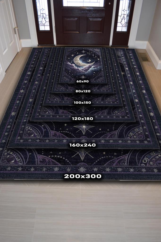 Ay ve Bulut Temalı Halı Siyah Renk Oturma Odası Halısı Ay Yıldız Figürlü Dijital Baskı Halı