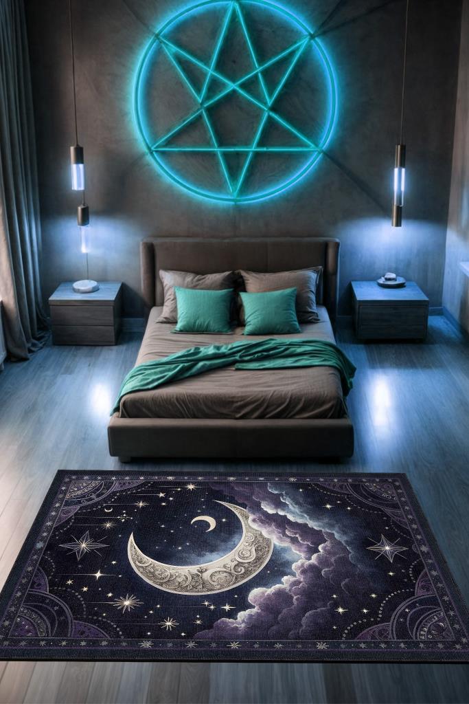 Ay ve Bulut Temalı Halı Siyah Renk Oturma Odası Halısı Ay Yıldız Figürlü Dijital Baskı Halı