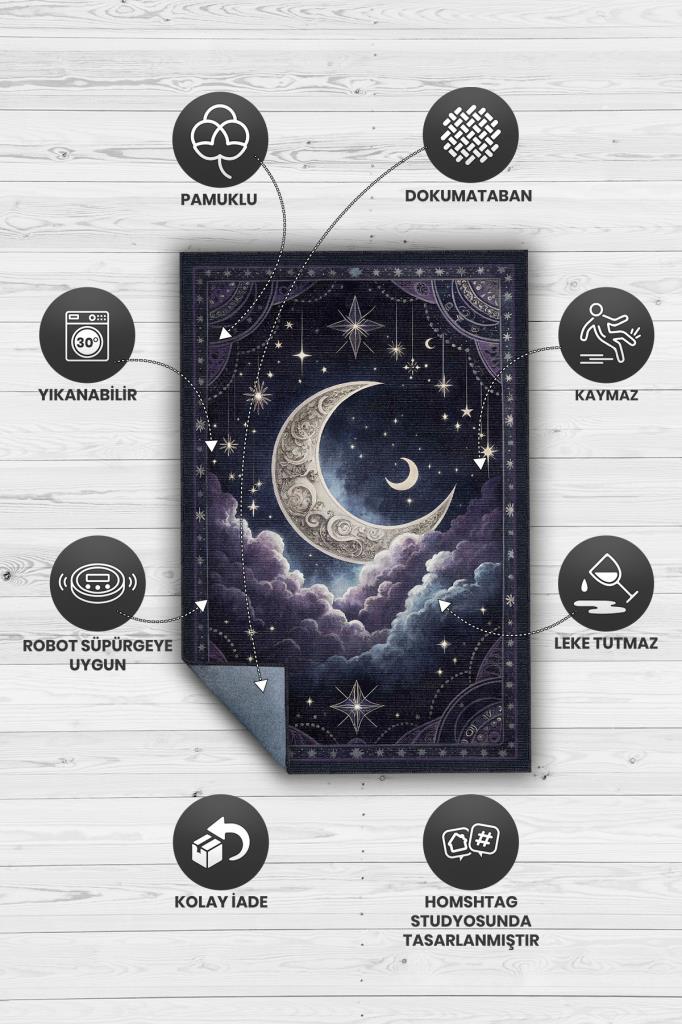 Ay ve Bulut Temalı Halı Siyah Renk Oturma Odası Halısı Ay Yıldız Figürlü Dijital Baskı Halı